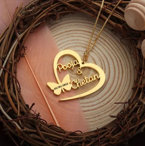 Custom 24CT Gold Platted Heart Name Necklace with Butterfly