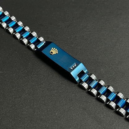 Custom Blue & Silver Rajput Bracelet – Engraved Stainless Steel Jewelry