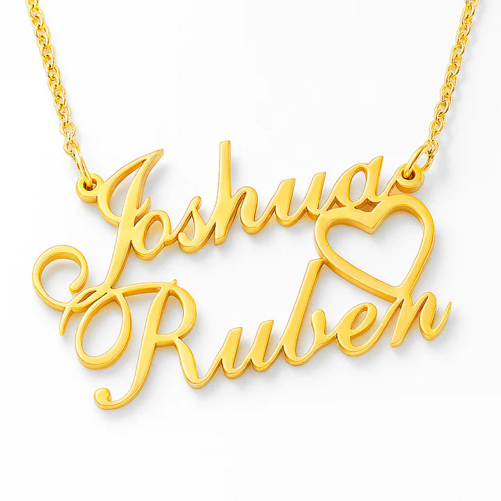 Personalized Double Name Necklace – Custom 24CT Gold Platted Nameplate Pendant with Heart Design | Couples Gift | YOUR NAME & HER/HIM NAME