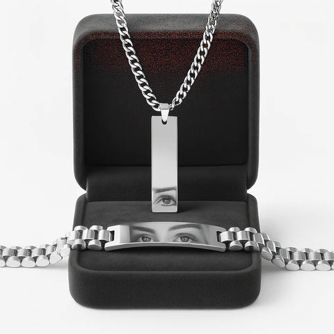 Premium Silver & Gold Cuban Chain Necklace & ID Bracelet Set – Men's Luxury Stainless Steel Jewelry Gift