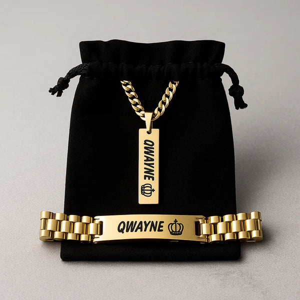 Personalized Bracelet & Pendant Set for Men – Custom Engraved 'YOUR NAME' with Crown Design – Luxury Gift Box Included