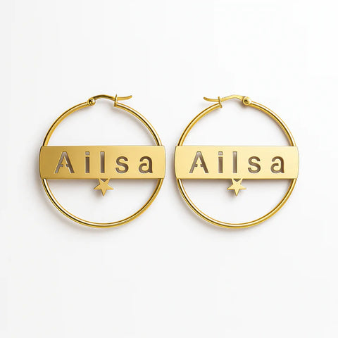 Custom Star Name Hoop Earrings – Personalized 24CT Gold Plated Circle Earrings with Cutout Design – Trendy Statement Jewelry for Women & Girls