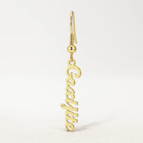 Custom Vertical Name Dangle Earring – Personalized 24CT Gold Plated Drop Earring for Women & Girls – Trendy Script Jewelry Gift
