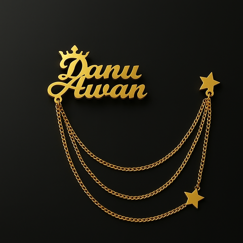 Custom Name Brooch – Personalized Crown Pin with Chain for Men