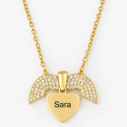 Custom Name Angel Wing Necklace – Personalized 24CT Gold Heart Pendant with CZ Crystals for Women & Girls
