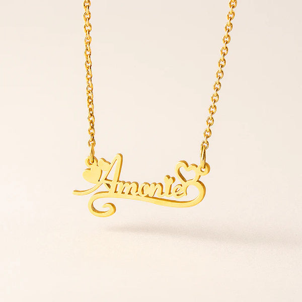 Custom Name Necklace with Double Heart | Personalized 24CT Gold Plated Jewelry for Women & Girls | Stylish Script Pendant Gift