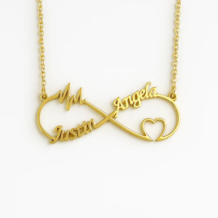 Custom Infinity Heartbeat Name Necklace – 24CT Gold Plated Personalized Pendant for Couples with Two Names & Heart Design