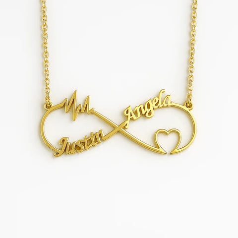 Custom Infinity Heartbeat Name Necklace – 24CT Gold Plated Personalized Pendant for Couples with Two Names & Heart Design