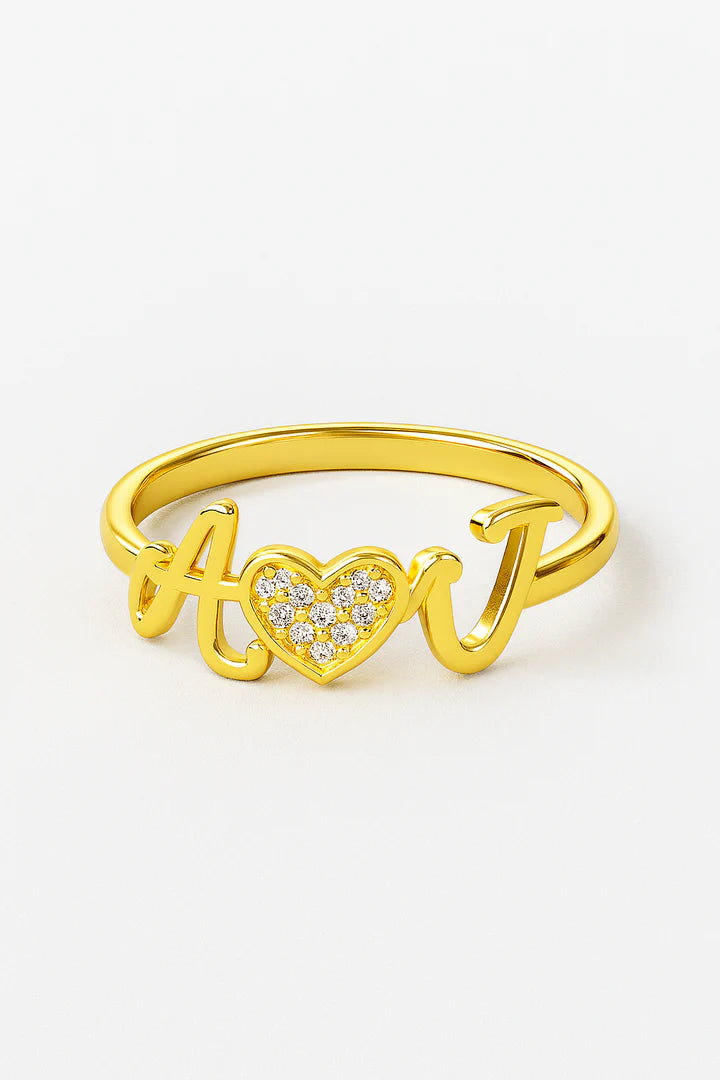 Custom Initials Ring with Diamond Heart – Personalized 24CT Gold Plated Couple Ring for Women – A❤️J Jewelry Gift