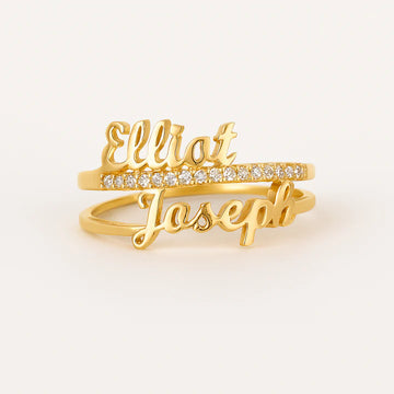 Custom Double Name Ring – 24CT Gold Plated Personalized Ring with CZ Accents – Elliot Joseph Adjustable Name Jewelry for Women & Men