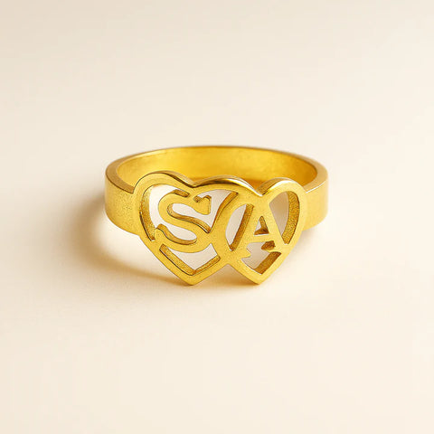 Custom Couple Initial Heart Ring – Personalized 24CT Gold Platted Name Ring for Lovers, Anniversary Gift, Valentine's Jewelry