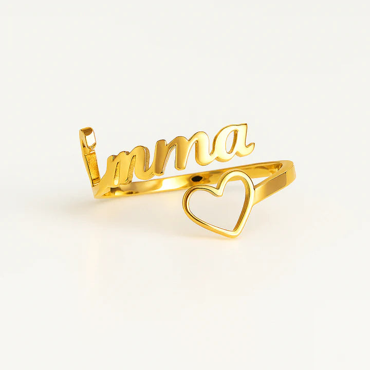 Custom Name Ring with Open Heart – Personalized 24CT Gold Plated Adjustable Ring for Women & Girls – Imma Name Jewelry