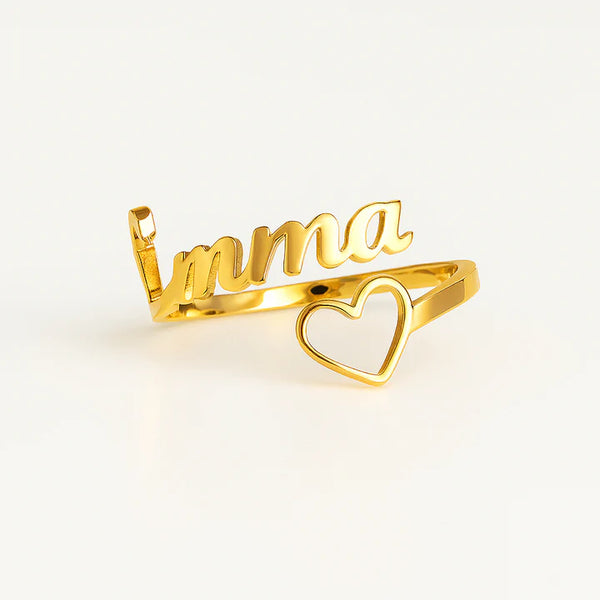 Custom Name Ring with Open Heart – Personalized 24CT Gold Plated Adjustable Ring for Women & Girls – Imma Name Jewelry