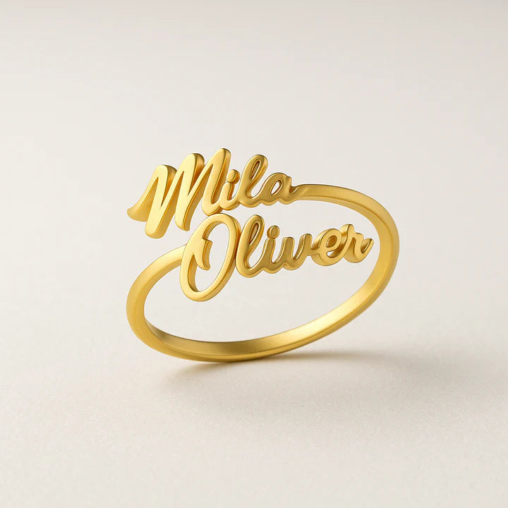 Custom Double Name Ring – Personalized 24CT Gold Plated Jewelry for Couples, Moms & Gifts – Mila Oliver Ring
