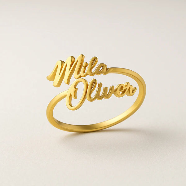 Custom Double Name Ring – Personalized 24CT Gold Plated Jewelry for Couples, Moms & Gifts – Mila Oliver Ring