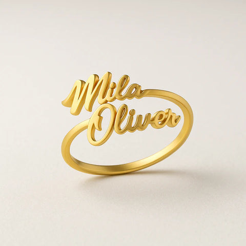 Custom Double Name Ring – Personalized 24CT Gold Plated Jewelry for Couples, Moms & Gifts – Mila Oliver Ring