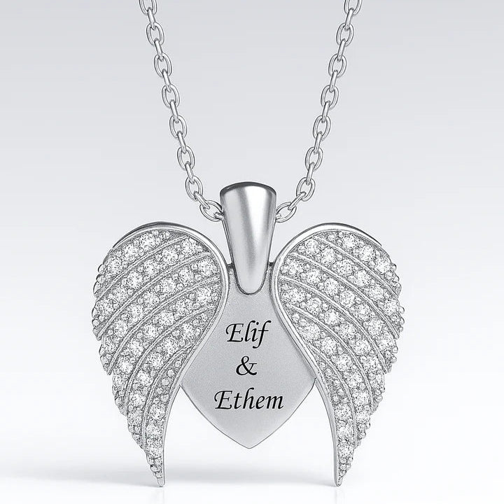 Custom Couple Name Angel Wings Necklace – Personalized 24CT Gold Platted Heart Pendant with CZ Crystals for Anniversary, Valentine’s & Gift