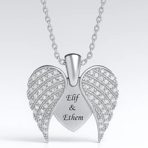 Custom Couple Name Angel Wings Necklace – Personalized 24CT Gold Platted Heart Pendant with CZ Crystals for Anniversary, Valentine’s & Gift