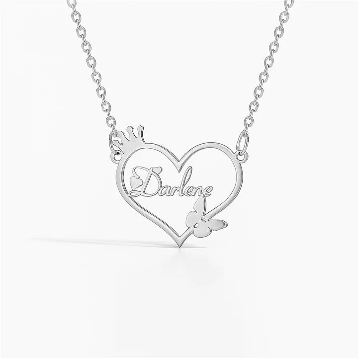 Custom 24CT Gold Platted Name Necklace with Heart & Crown with Butterfly – Personalized Jewelry for Her