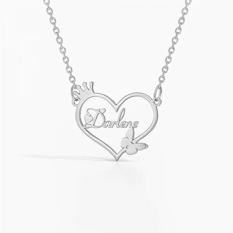 Custom 24CT Gold Platted Name Necklace with Heart & Crown with Butterfly – Personalized Jewelry for Her