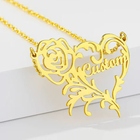 Custom Rose Heart Name Necklace – Personalized Gold Floral Pendant for Women