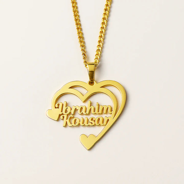 Custom Double Heart Name Necklace in Gold – Personalized Couple Pendant Gift