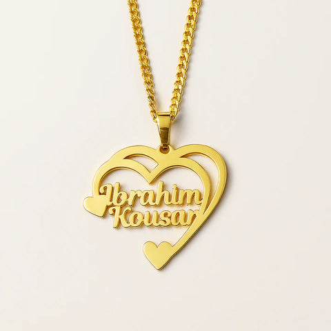Custom Double Heart Name Necklace in Gold – Personalized Couple Pendant Gift