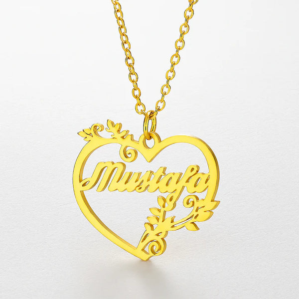 Custom Floral Heart Name Necklace – Personalized Gold Pendant for Him or Her