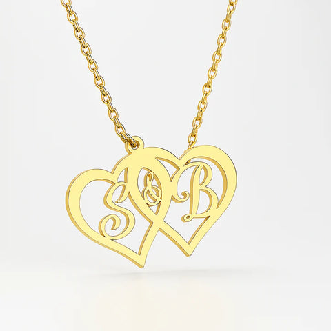 Custom Double Heart Initial Necklace – Personalized Gold Pendant for Couples