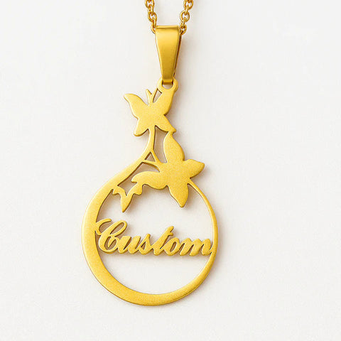 Custom Gold Name Necklace – Floral Butterfly Pendant