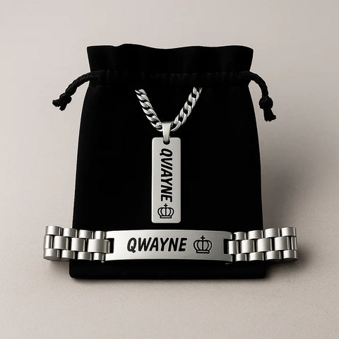 Personalized Bracelet & Pendant Set for Men – Custom Engraved 'YOUR NAME' with Crown Design – Luxury Gift Box Included