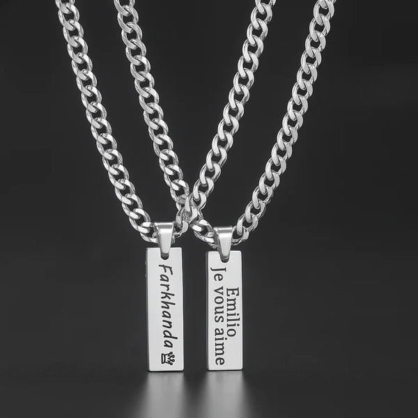 Custom Engraved Bar Necklace for Men & Women – Personalized Stainless Steel Pendant Chain
