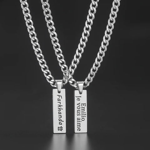 Custom Engraved Bar Necklace for Men & Women – Personalized Stainless Steel Pendant Chain