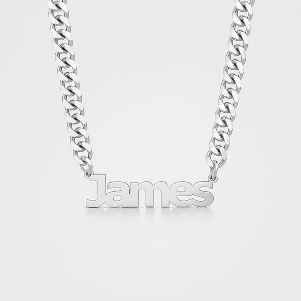 Custom Name Necklace for Men – Bold Silver Curb Chain with Personalized Nameplate Pendant