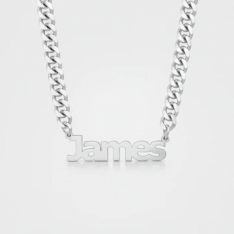 Custom Name Necklace for Men – Bold Silver Curb Chain with Personalized Nameplate Pendant