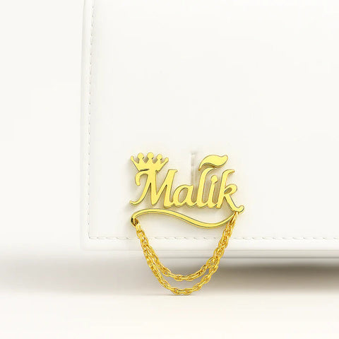 Custom Name Brooch with Crown & Chain – Personalized Luxury Pin for Men