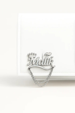 Custom Name Brooch with Crown & Chain – Personalized Luxury Pin for Men