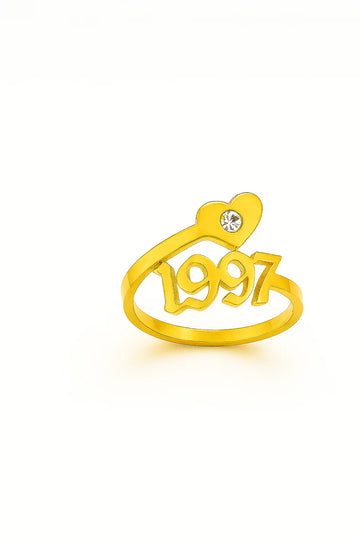 Custom Birth Year Ring – YOUR NAME OR BIRTH YEAR 24CT Gold Plated Ring with Heart & Diamond Accent – Personalized Jewelry Gift for Women