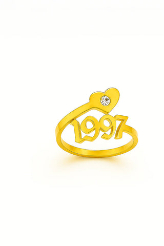 Custom Birth Year Ring – YOUR NAME OR BIRTH YEAR 24CT Gold Plated Ring with Heart & Diamond Accent – Personalized Jewelry Gift for Women