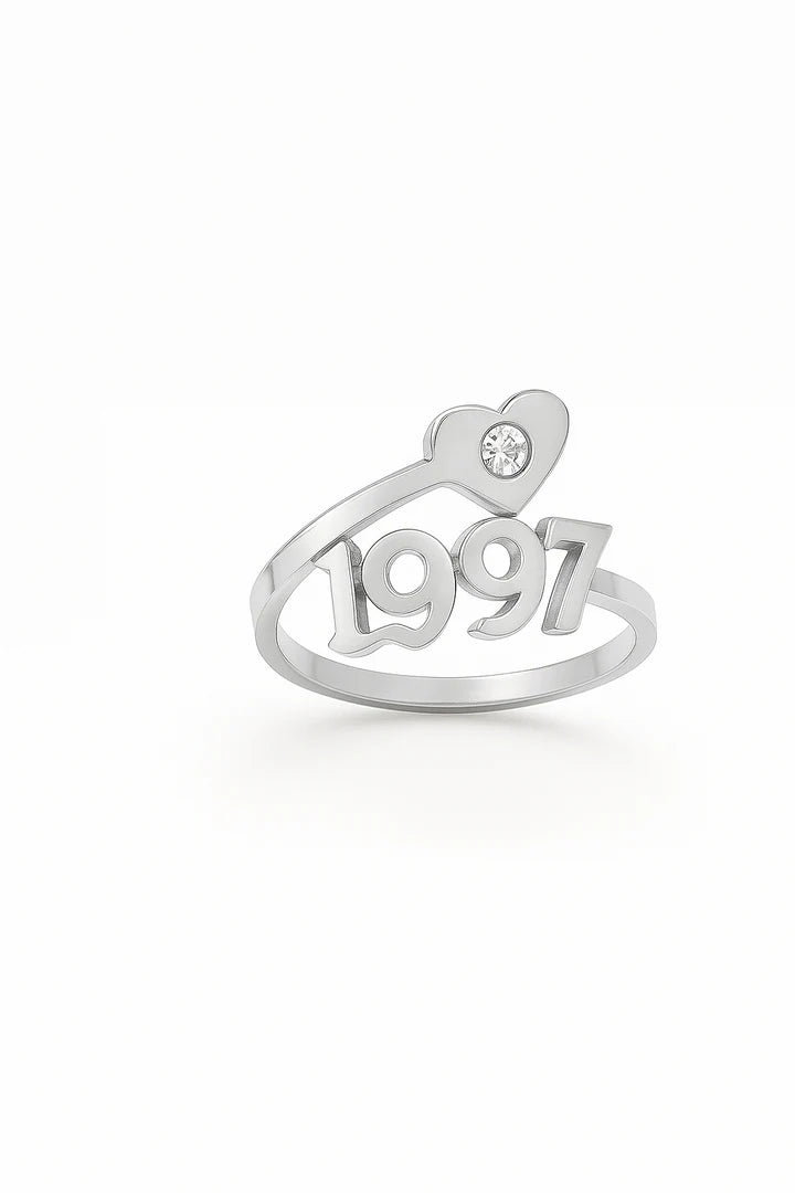 Custom Birth Year Ring – YOUR NAME OR BIRTH YEAR 24CT Gold Plated Ring with Heart & Diamond Accent – Personalized Jewelry Gift for Women