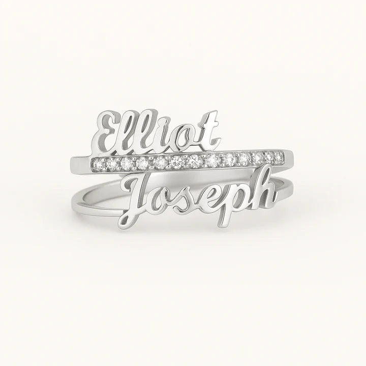 Custom Double Name Ring – 24CT Gold Plated Personalized Ring with CZ Accents – Elliot Joseph Adjustable Name Jewelry for Women & Men