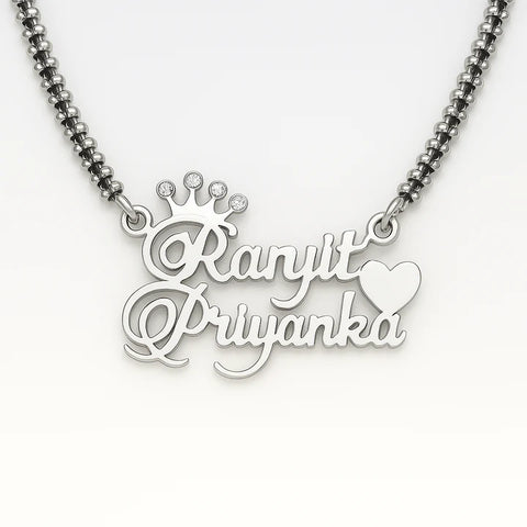 Custom Couple Name Necklace – 24CT Gold Plated Pendant with Crown & Heart Design – Personalized Gift for Her