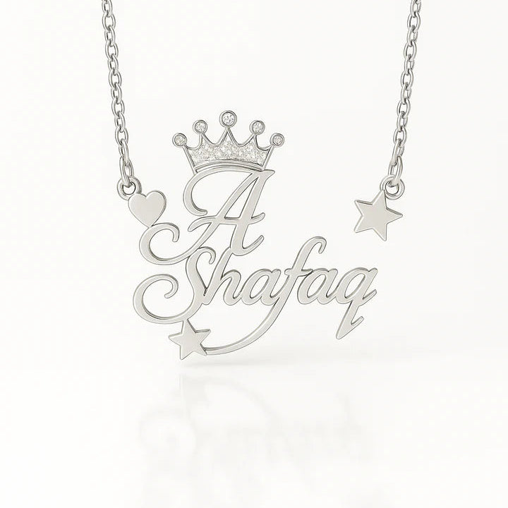 Custom Couple Name Necklace with Crown & Stars | Personalized Gold Plated Pendant with Heart | Royal Name Jewelry Gift for Her & Him