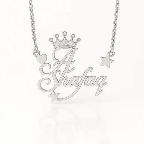 Custom Couple Name Necklace with Crown & Stars | Personalized Gold Plated Pendant with Heart | Royal Name Jewelry Gift for Her & Him