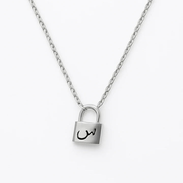 Custom Arabic Initial Lock Necklace | Personalized Gold Plated Pendant | Minimalist Jewelry Gift for Her