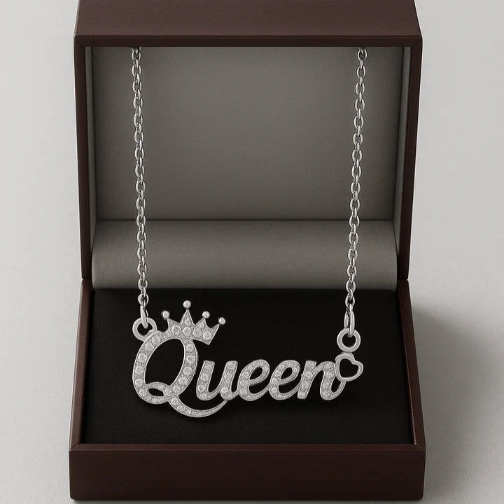 Queen Name Necklace with Crown – 24CT Gold Plated Custom Pendant with Sparkling CZ Stones – Elegant Jewelry Gift for Women & Girls