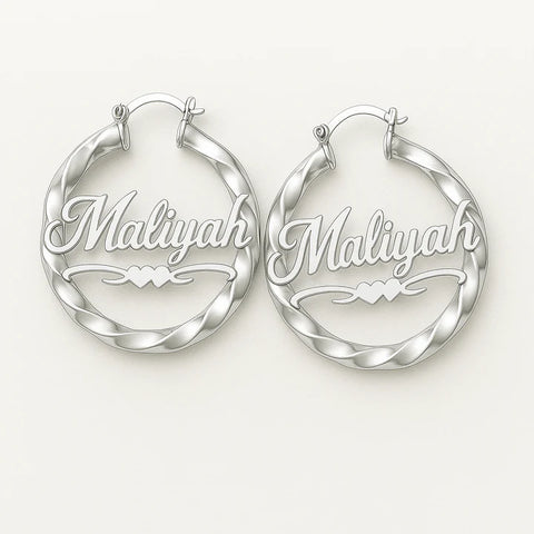 Custom Name Bamboo Hoop Earrings – Personalized 24CT Gold Plated Heart Design Jewelry for Women & Girls