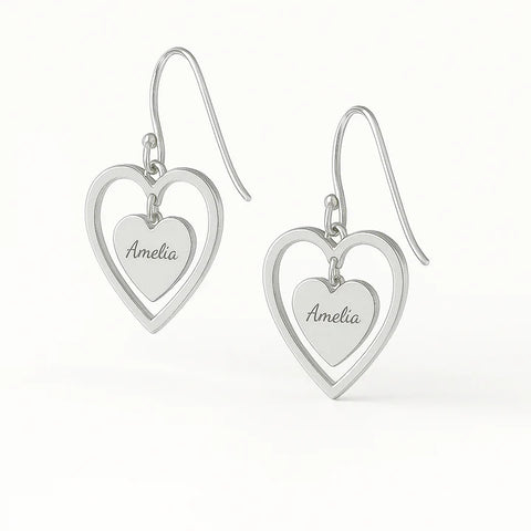 Custom Engraved Heart Drop Earrings – Personalized 24CT Gold Plated Name Jewelry for Women & Girls