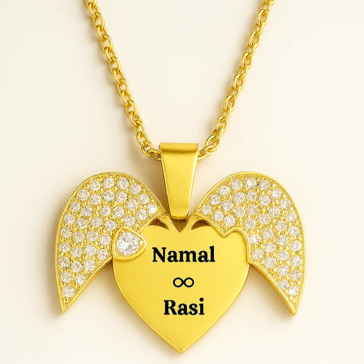 Custom Couple Name Angel Wing Necklace – Personalized Heart Pendant with Infinity Symbol in Gold & Silver for Lovers