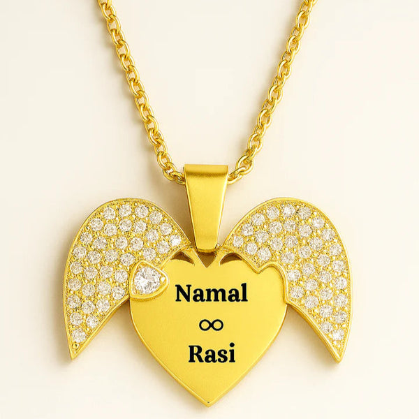 Custom Couple Name Angel Wing Necklace – Personalized Heart Pendant with Infinity Symbol in Gold & Silver for Lovers